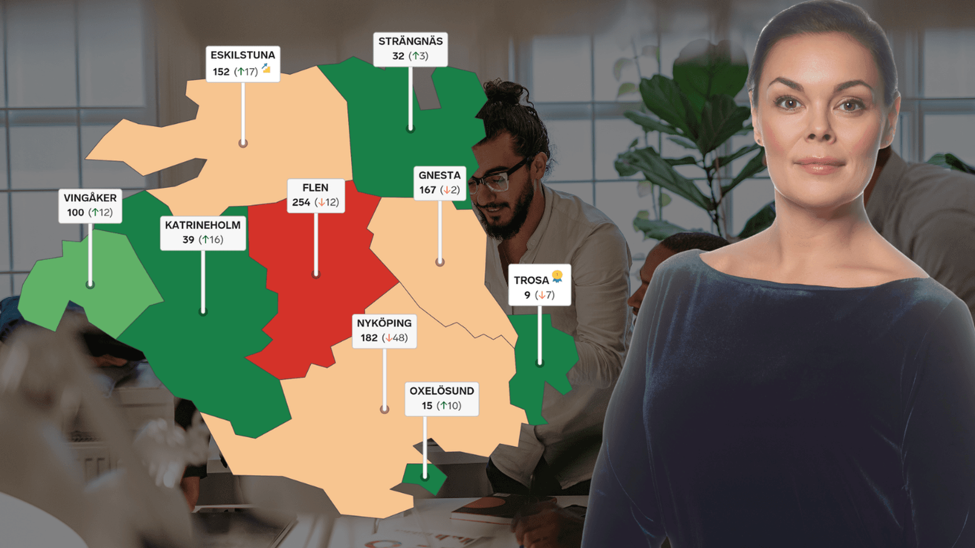 Boldkollage: Sofia Sjöström och Karta som visar hur alla kommuner i Södermanland placerar sig i rankingen Lokalt Företagsklimat 2025