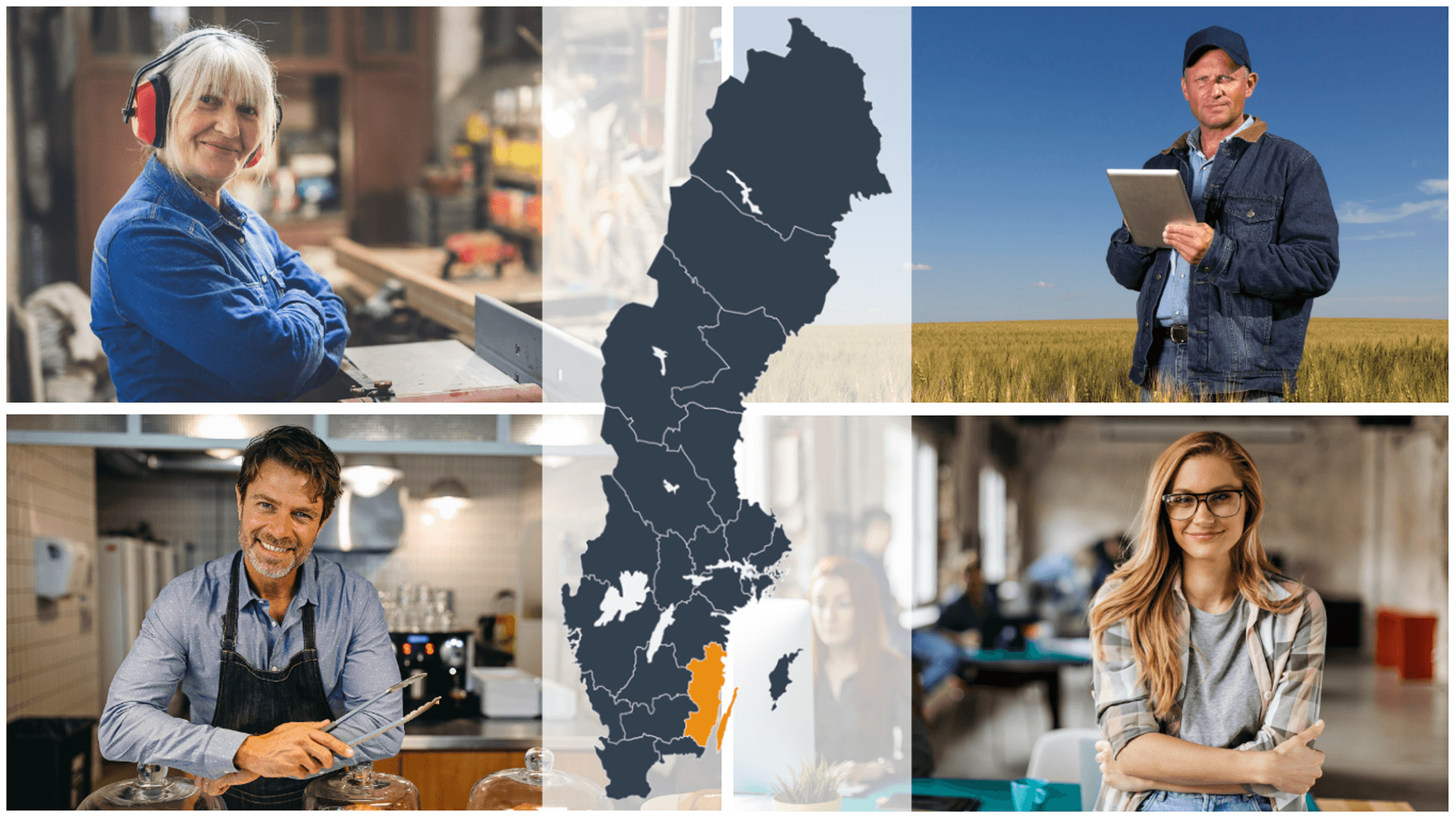 Kollage företagare samt Sverigekarta där Kalmar län är markerat i annan färg
