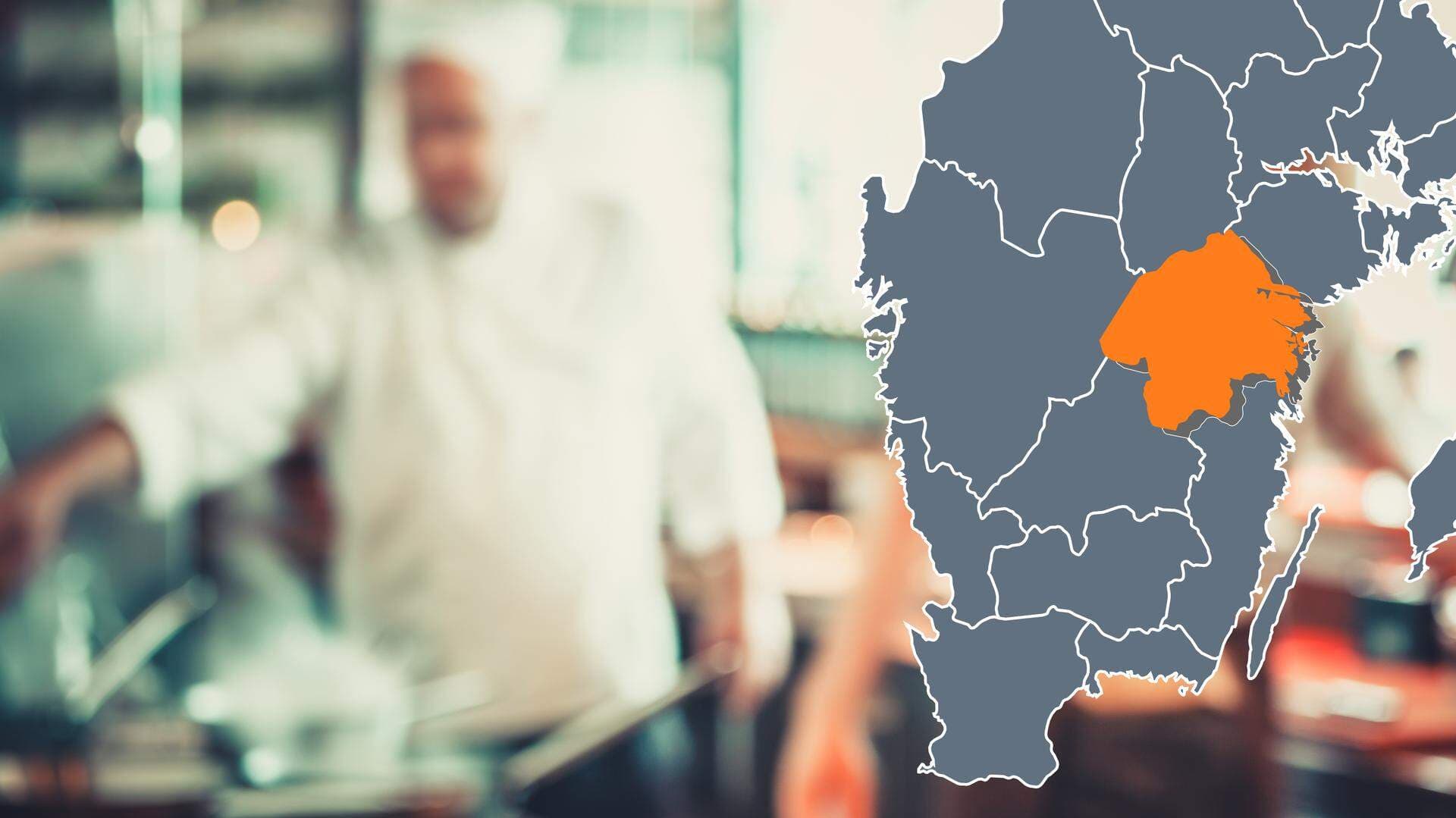 Bildkollage: Restaurang och karta över Östergötalnd