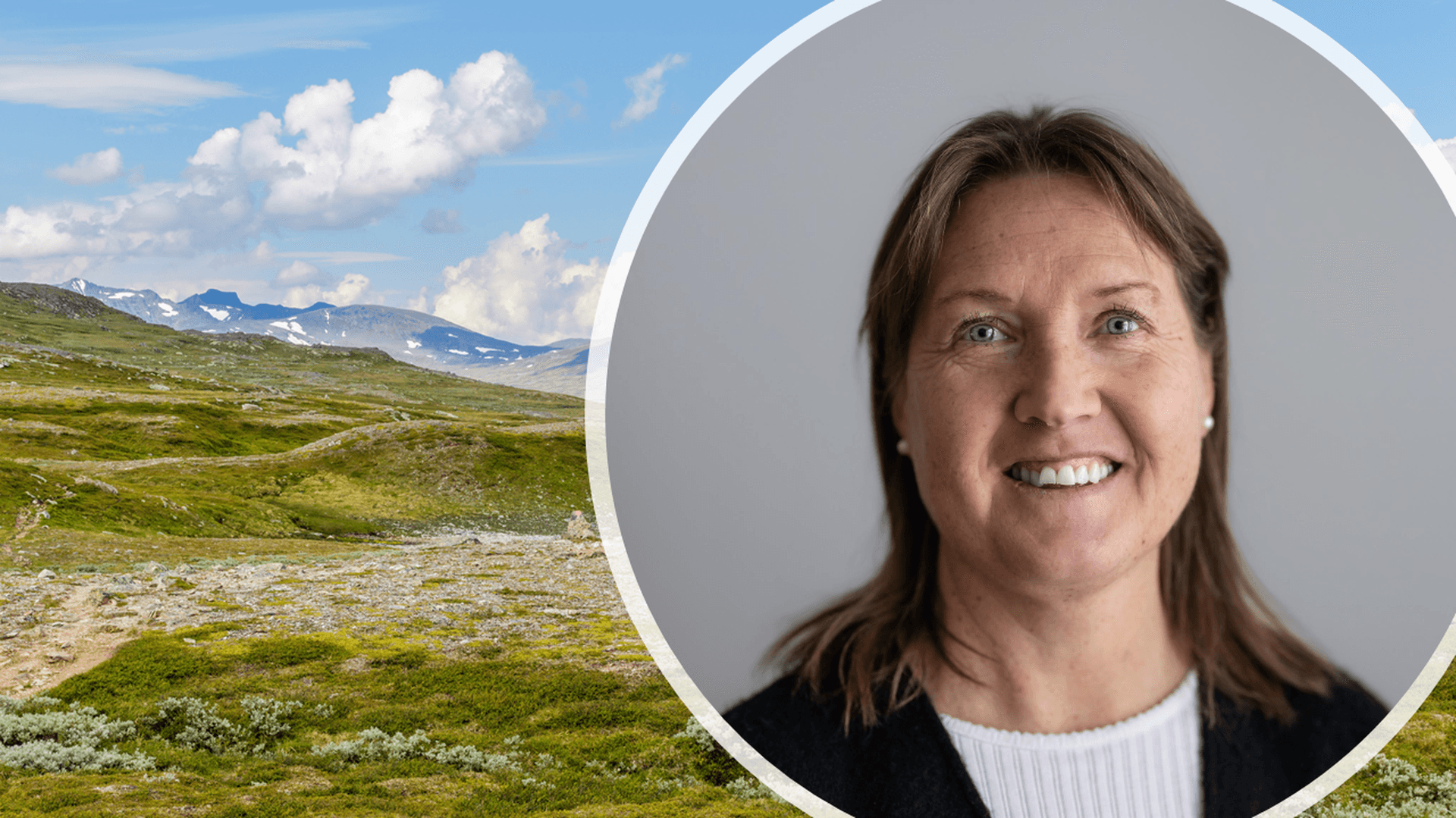 Bakgrunden är en vy i fjällvärlden med en porträttbild på Elise Ryder Wikén